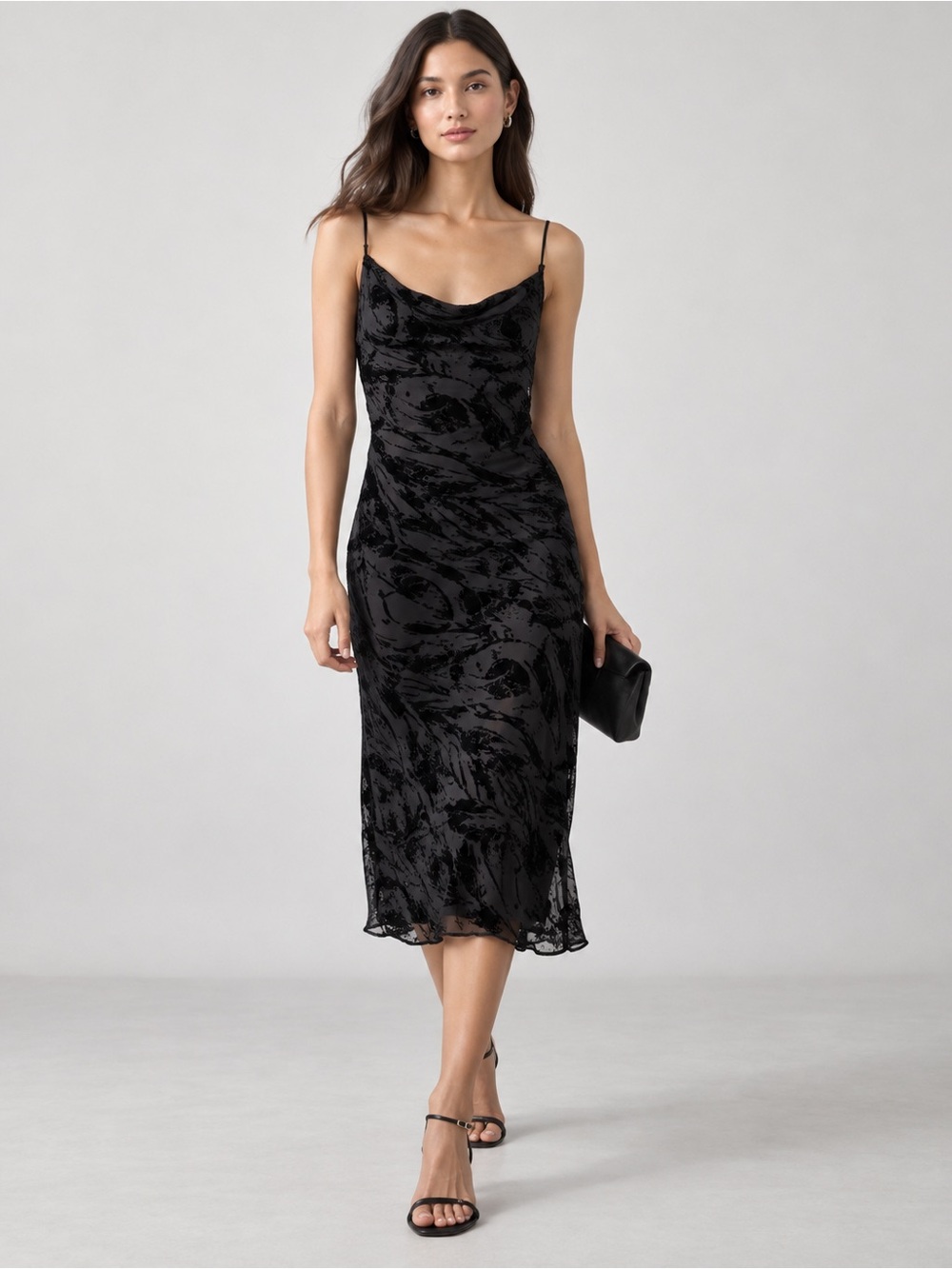 Banana Republic Black Velvet Burnout Midi Slip Dress Cowl Neck NWT Size S